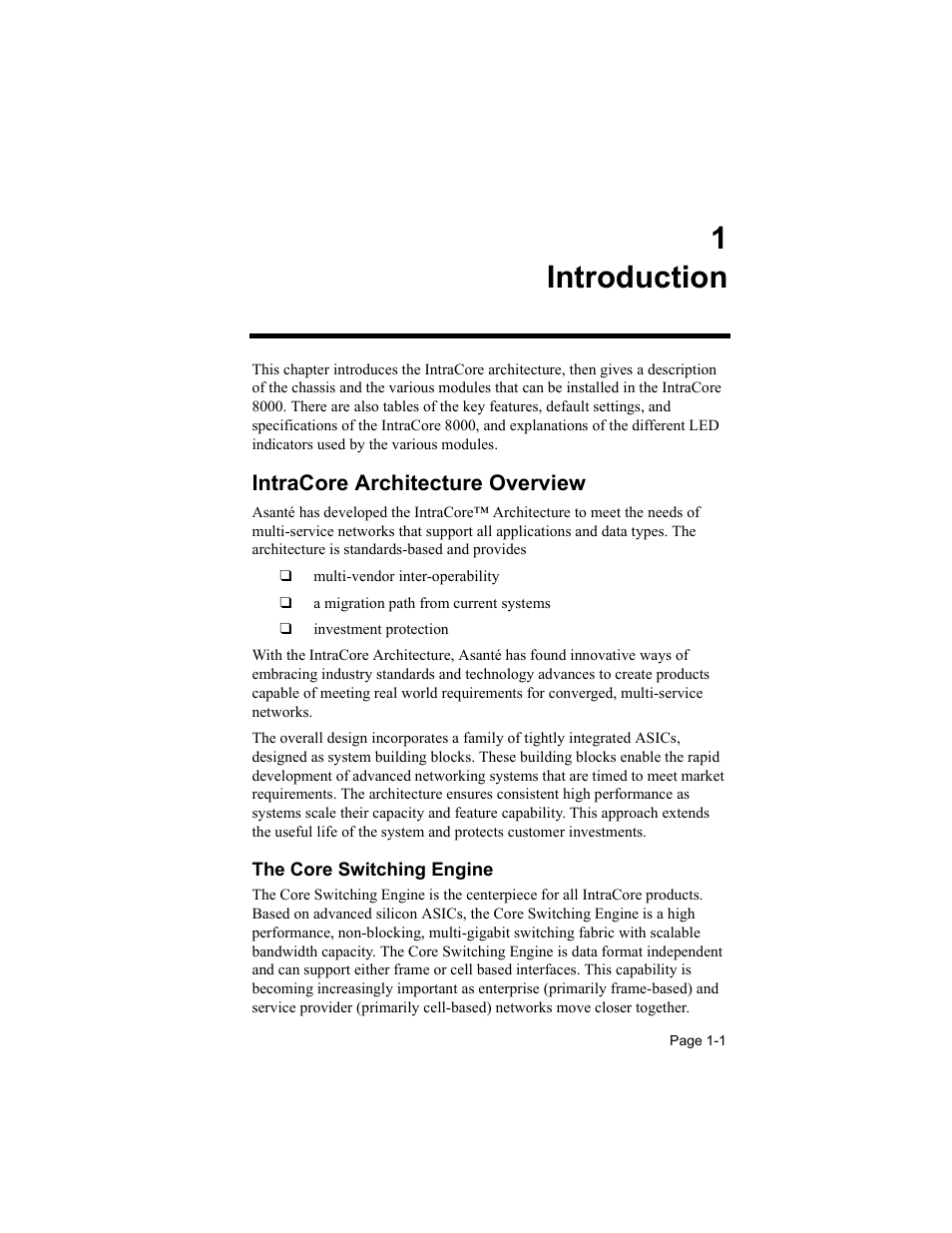 1 introduction, Intracore architecture overview, The core switching engine | 1introduction | Asante Technologies 8000 User Manual | Page 9 / 168