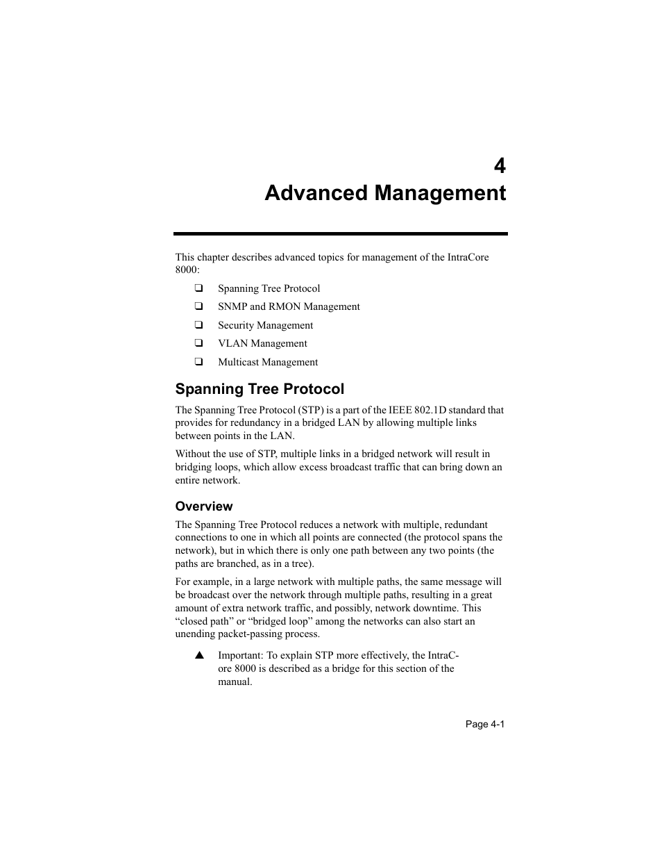 4 advanced management, Spanning tree protocol, Overview | 4advanced management | Asante Technologies 8000 User Manual | Page 91 / 168