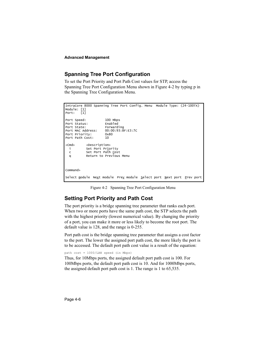 Spanning tree port configuration, Setting port priority and path cost | Asante Technologies 8000 User Manual | Page 96 / 168