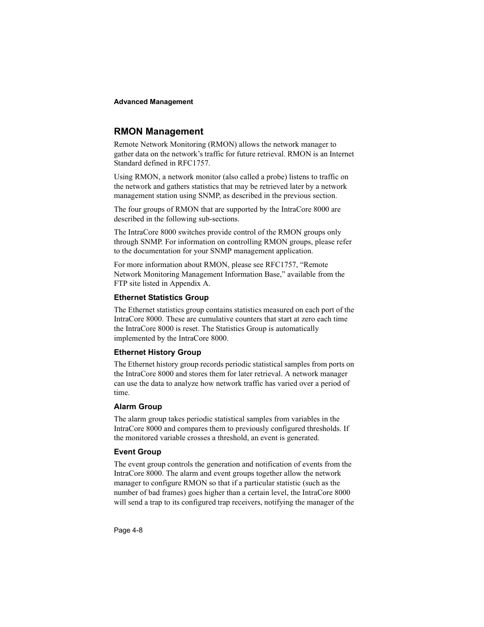 Rmon management | Asante Technologies 8000 User Manual | Page 98 / 168