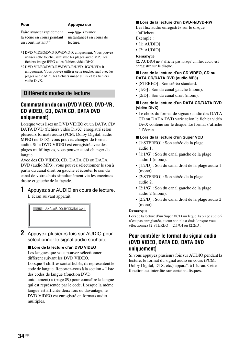 Différents modes de lecture | Sony TAV-L1 User Manual | Page 122 / 383