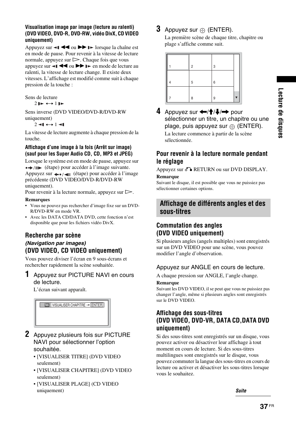 Navigation par images), Affichage de différents angles et des sous-titres, Affichage de différents angles et des | Sous-titres | Sony TAV-L1 User Manual | Page 125 / 383