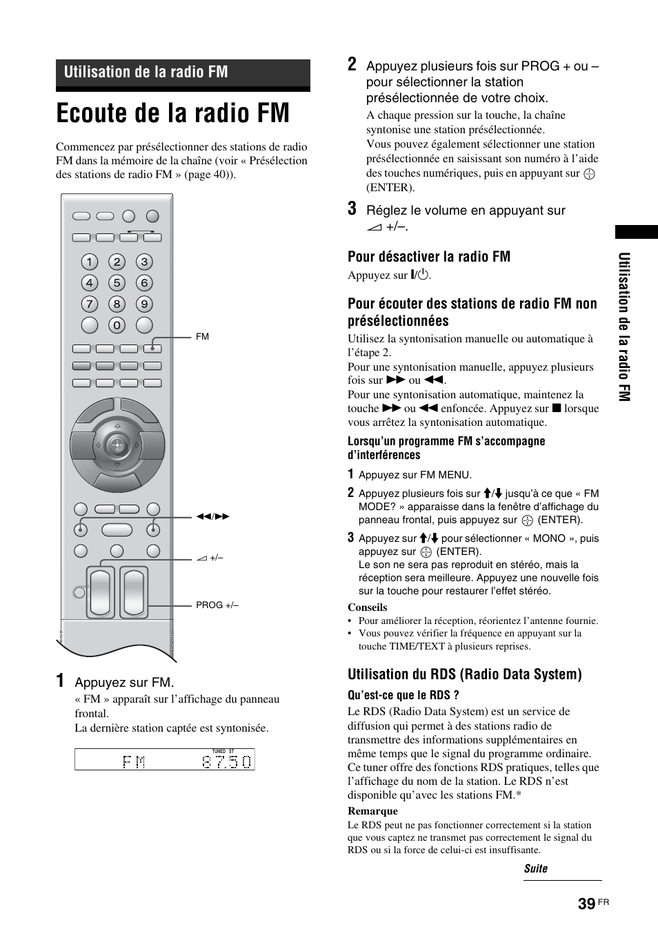 Utilisation de la radio fm, Ecoute de la radio fm | Sony TAV-L1 User Manual | Page 127 / 383