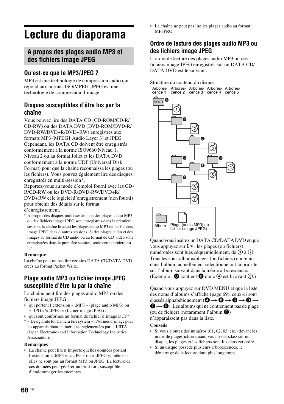 Lecture du diaporama, A propos des plages audio mp3 et des fichiers, Image jpeg | Qu’est-ce que le mp3/jpeg, Disques susceptibles d’être lus par la chaîne | Sony TAV-L1 User Manual | Page 156 / 383