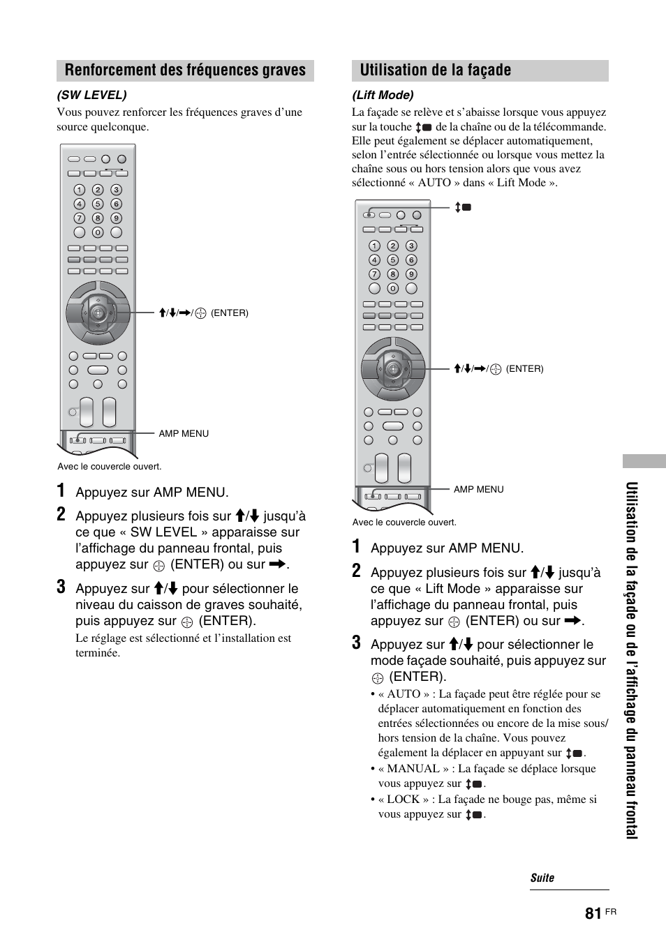 Renforcement des fréquences graves, Sw level), Utilisation de la façade | Lift mode) | Sony TAV-L1 User Manual | Page 169 / 383