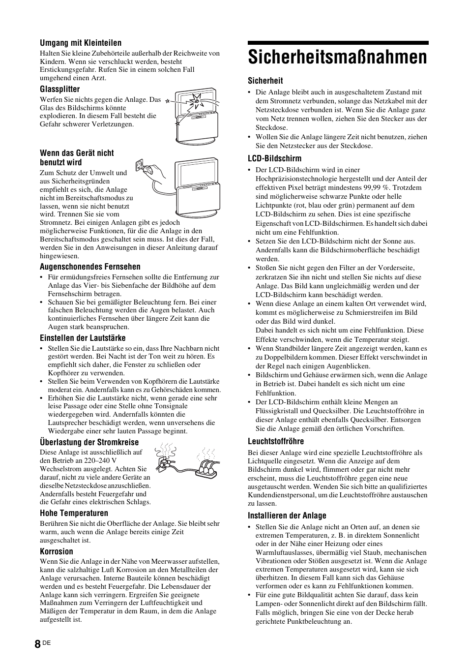 Sicherheitsmaßnahmen | Sony TAV-L1 User Manual | Page 194 / 383