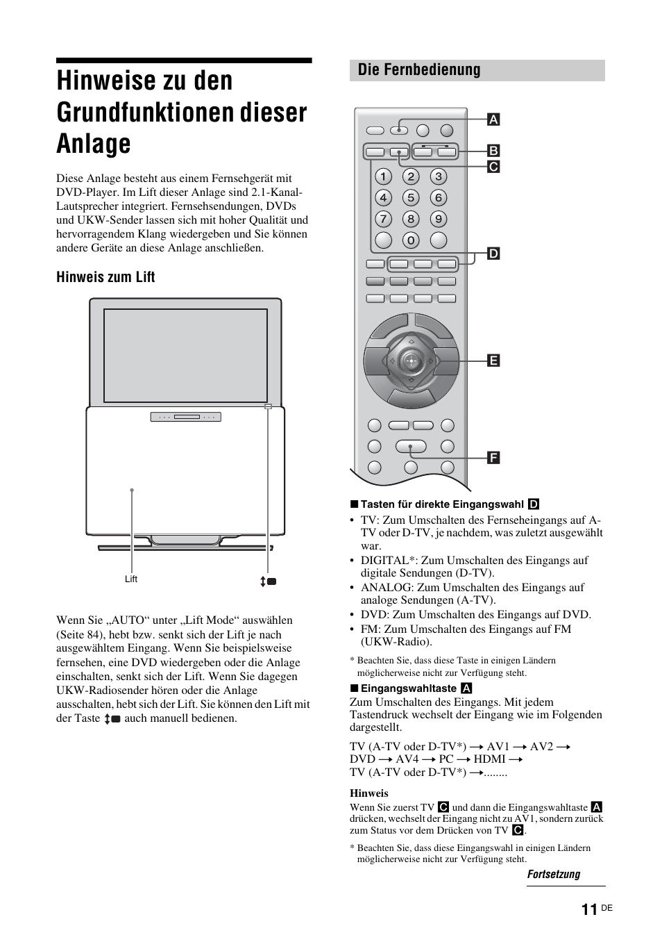 Hinweise zu den grundfunktionen dieser anlage, Hinweise zu den grundfunktionen dieser, Anlage | Die fernbedienung | Sony TAV-L1 User Manual | Page 197 / 383