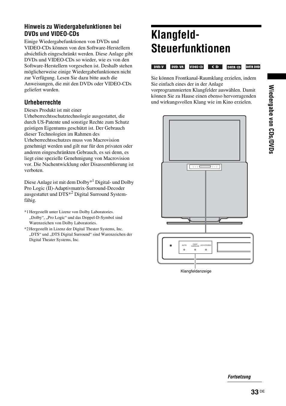 Klangfeld- steuerfunktionen, Klangfeld-steuerfunktionen, Seite 33) | Sony TAV-L1 User Manual | Page 219 / 383