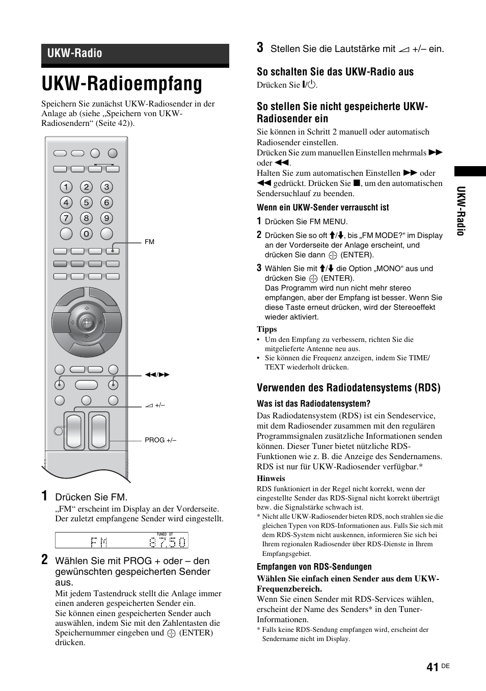 Ukw-radio, Ukw-radioempfang, Seite 41 | Sony TAV-L1 User Manual | Page 227 / 383
