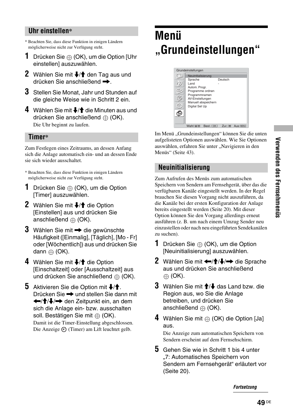 Menü „grundeinstellungen, N (49), R (49) | Uhr einstellen, Timer, Neuinitialisierung | Sony TAV-L1 User Manual | Page 235 / 383