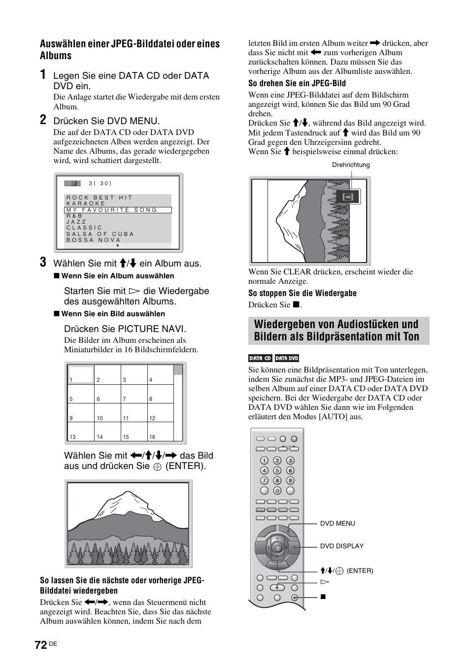 Wiedergeben von audiostücken und bildern als, Bildpräsentation mit ton, Seite 72) | Auswählen einer jpeg-bilddatei oder eines albums | Sony TAV-L1 User Manual | Page 258 / 383