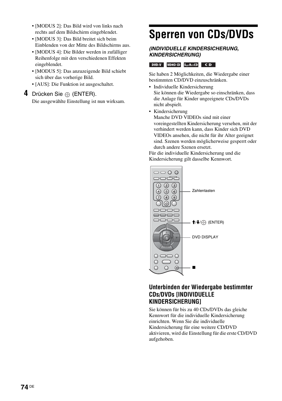 Sperren von cds/dvds, Individuelle kindersicherung, kindersicherung), Individuelle kindersicherung | Kindersicherung), Seite 74) | Sony TAV-L1 User Manual | Page 260 / 383