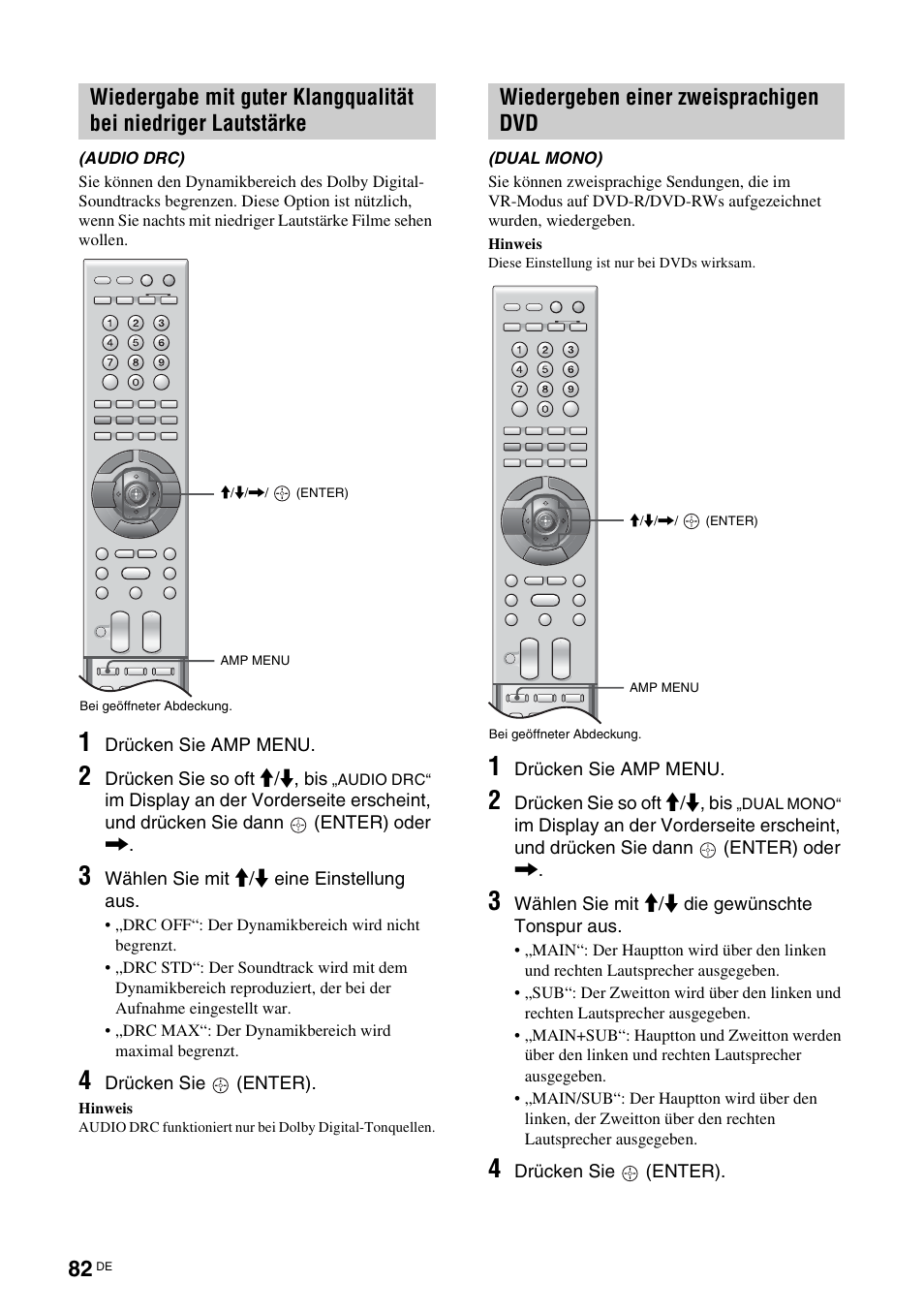 Audio drc), Wiedergeben einer zweisprachigen dvd, Dual mono) | Wiedergabe mit guter klangqualität bei niedriger, Lautstärke (audio drc), Seite 82) | Sony TAV-L1 User Manual | Page 268 / 383