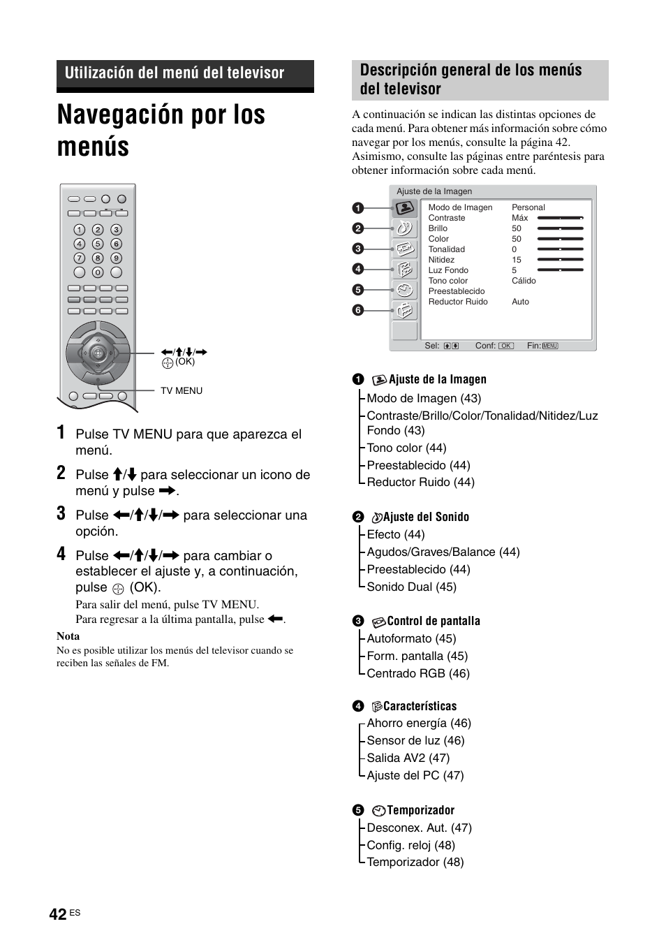 Utilización del menú del televisor, Navegación por los menús, Descripción general de los menús del televisor | Sony TAV-L1 User Manual | Page 328 / 383