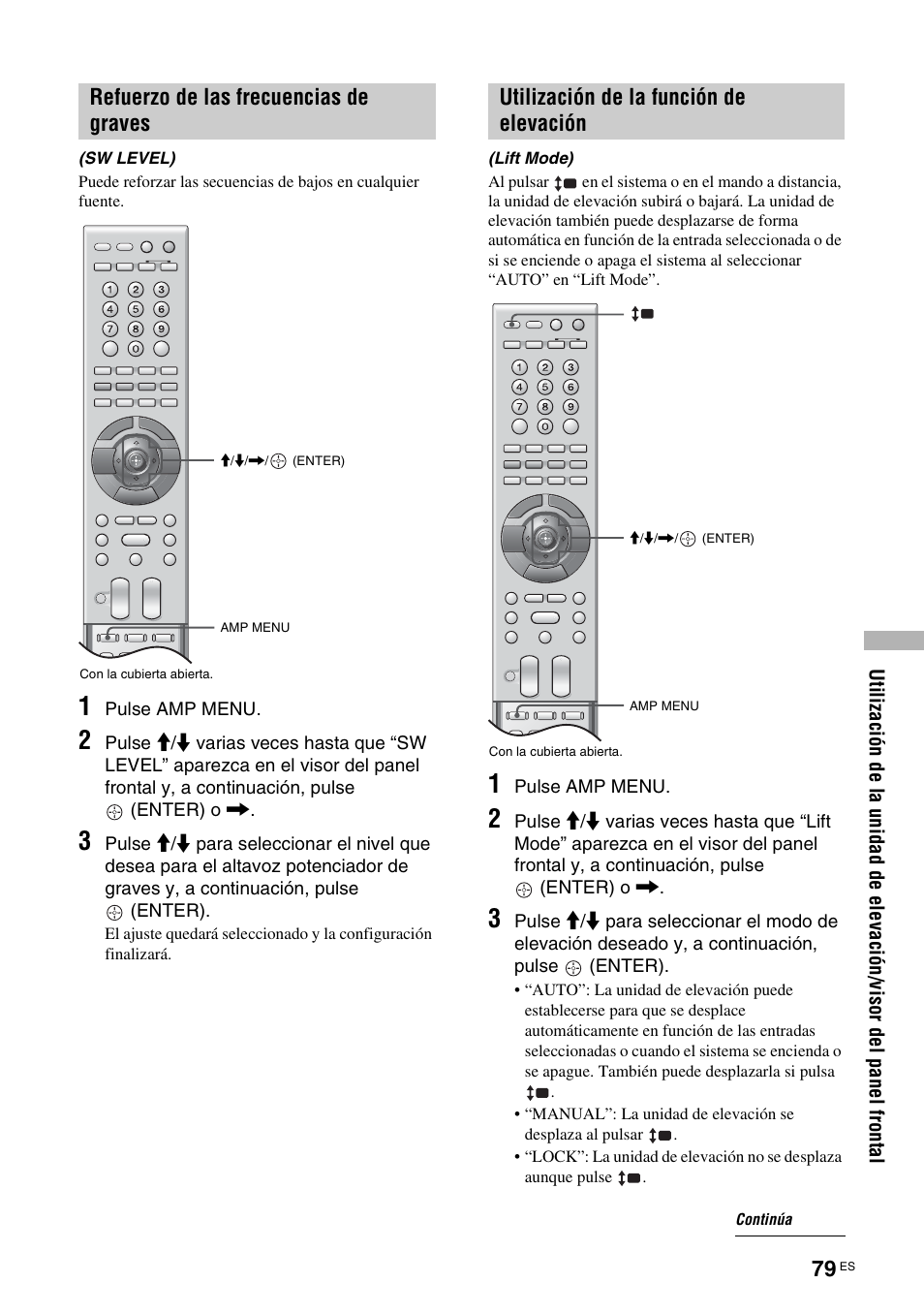 Refuerzo de las frecuencias de graves, Sw level), Utilización de la función de elevación | Lift mode) | Sony TAV-L1 User Manual | Page 365 / 383