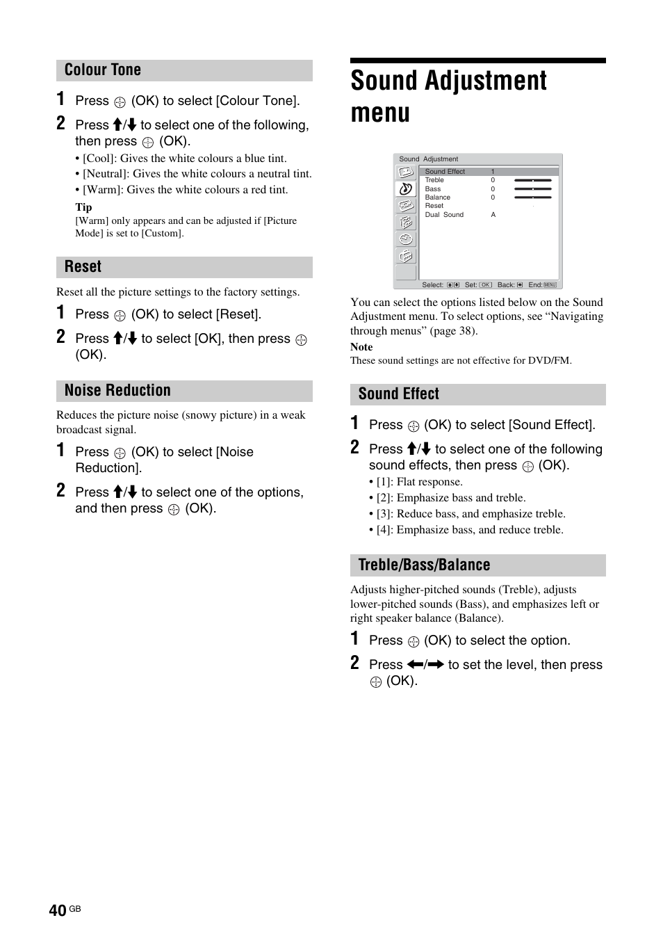 Sound adjustment menu, T (40, On (40) | E (40) | Sony TAV-L1 User Manual | Page 40 / 383