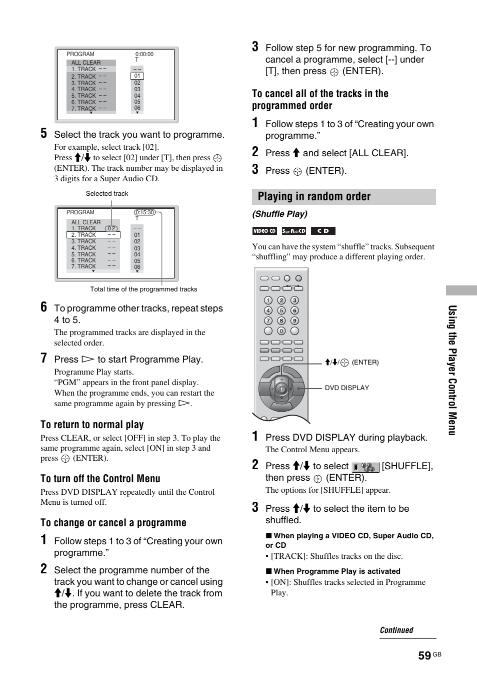 Playing in random order, Shuffle play) | Sony TAV-L1 User Manual | Page 59 / 383