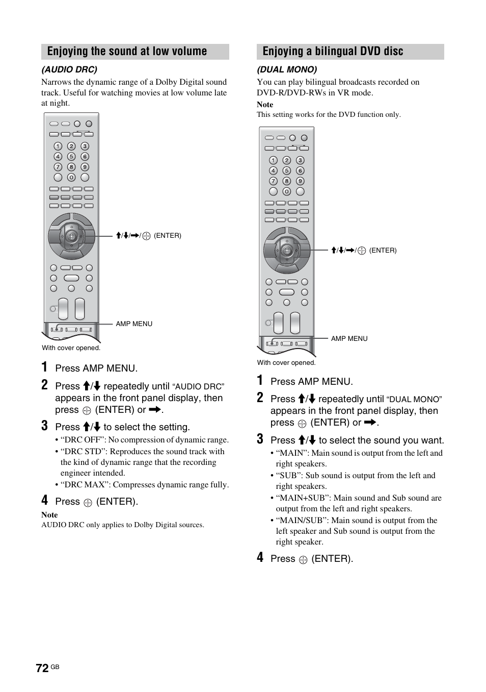 Enjoying the sound at low volume, Audio drc), Enjoying a bilingual dvd disc | Dual mono) | Sony TAV-L1 User Manual | Page 72 / 383