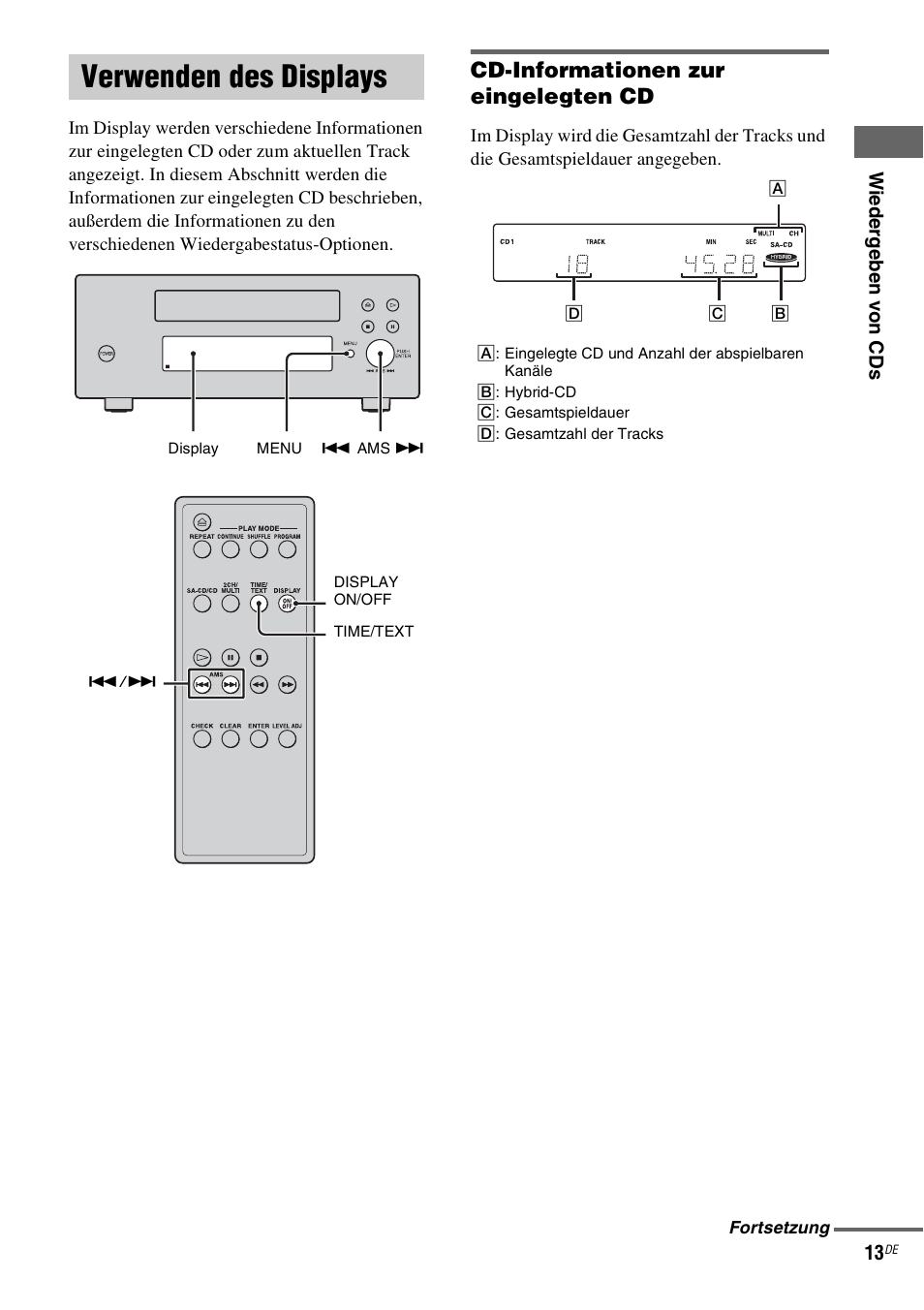 Verwenden des displays, Cd-informationen zur eingelegten cd | Sony SCD-X501ES User Manual | Page 101 / 120