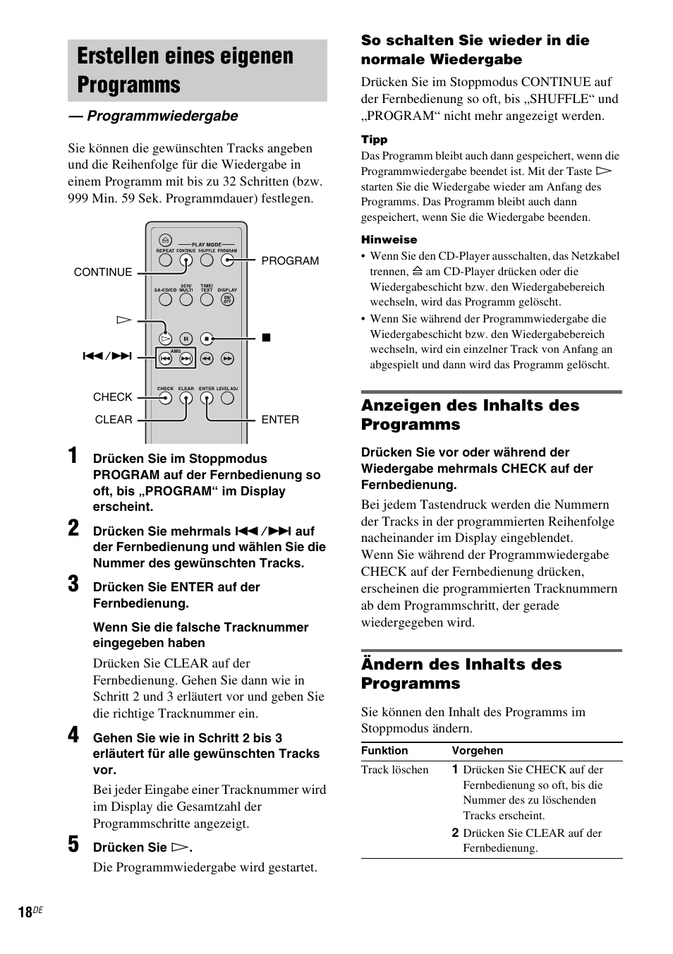 Erstellen eines eigenen programms, Programmwiedergabe, N (seite 18) | Seite 18) | Sony SCD-X501ES User Manual | Page 106 / 120