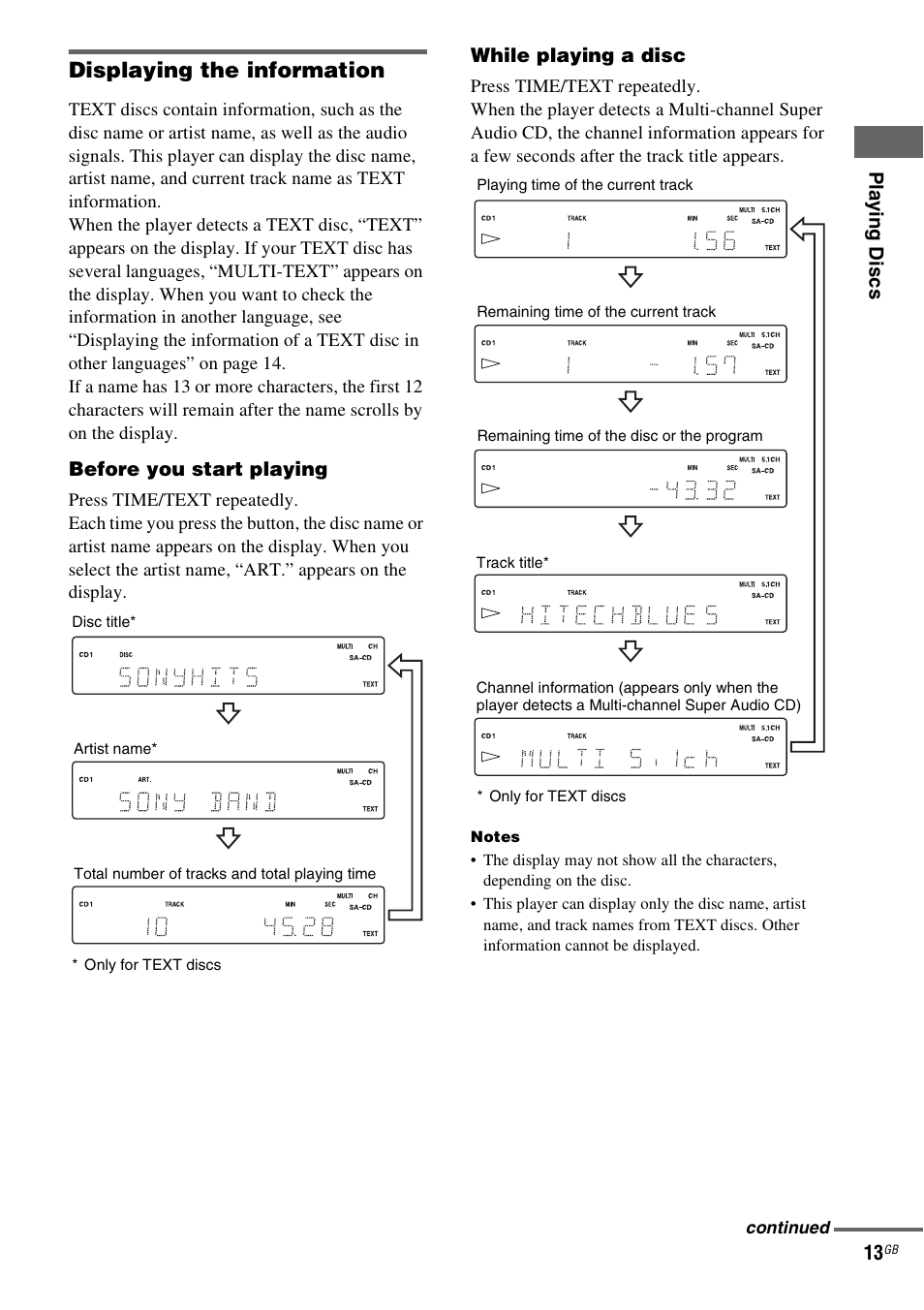 Displaying the information | Sony SCD-X501ES User Manual | Page 13 / 120