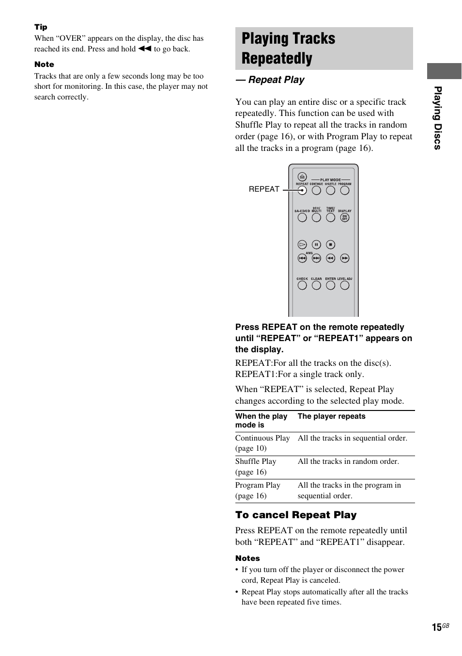 Playing tracks repeatedly, Repeat play | Sony SCD-X501ES User Manual | Page 15 / 120