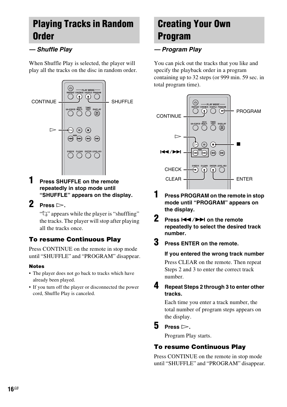 Playing tracks in random order, Shuffle play, Creating your own program | Program play | Sony SCD-X501ES User Manual | Page 16 / 120