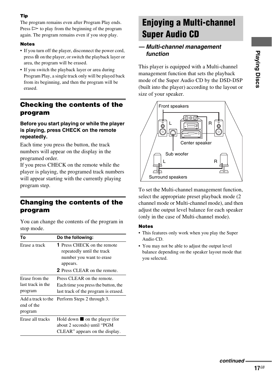 Enjoying a multi-channel super audio cd, Multi-channel management function, Checking the contents of the program | Changing the contents of the program | Sony SCD-X501ES User Manual | Page 17 / 120