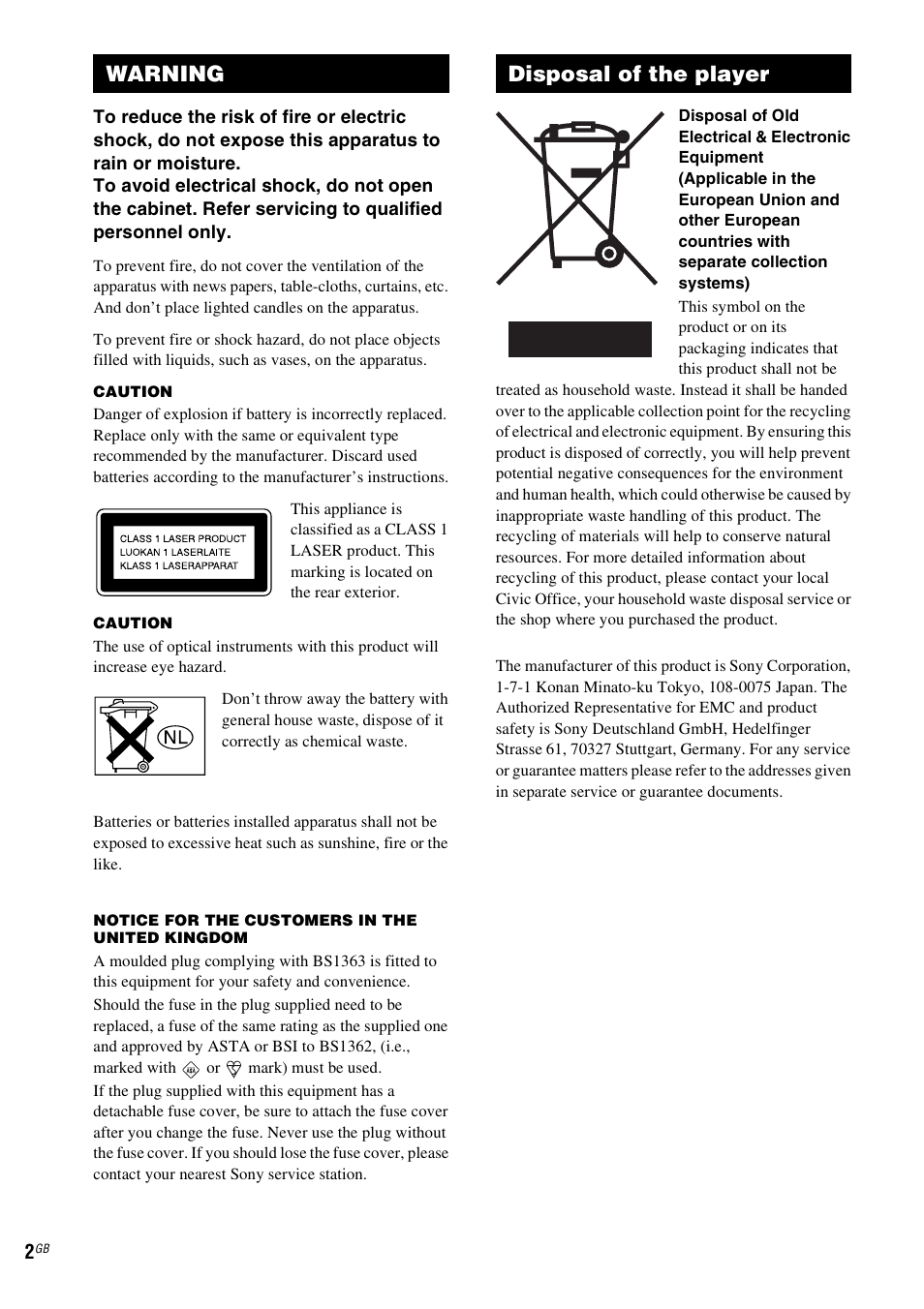 Warning disposal of the player | Sony SCD-X501ES User Manual | Page 2 / 120