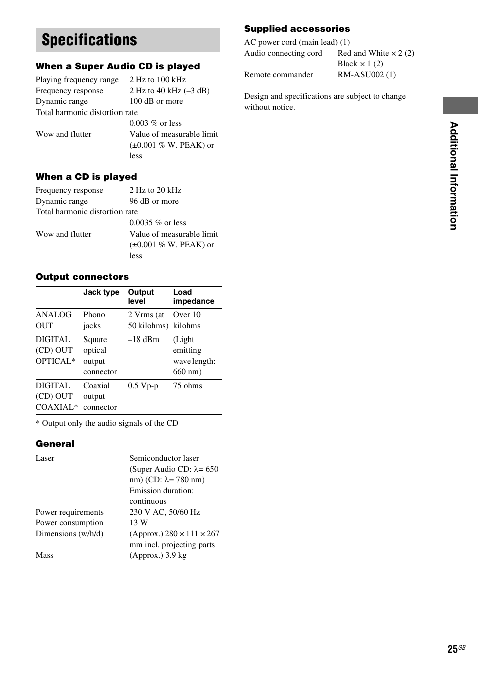 Specifications | Sony SCD-X501ES User Manual | Page 25 / 120