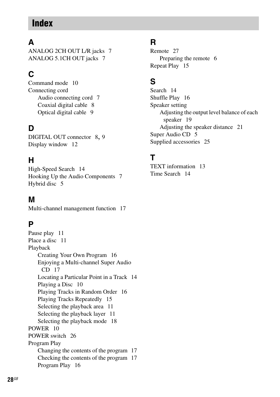 Index | Sony SCD-X501ES User Manual | Page 28 / 120