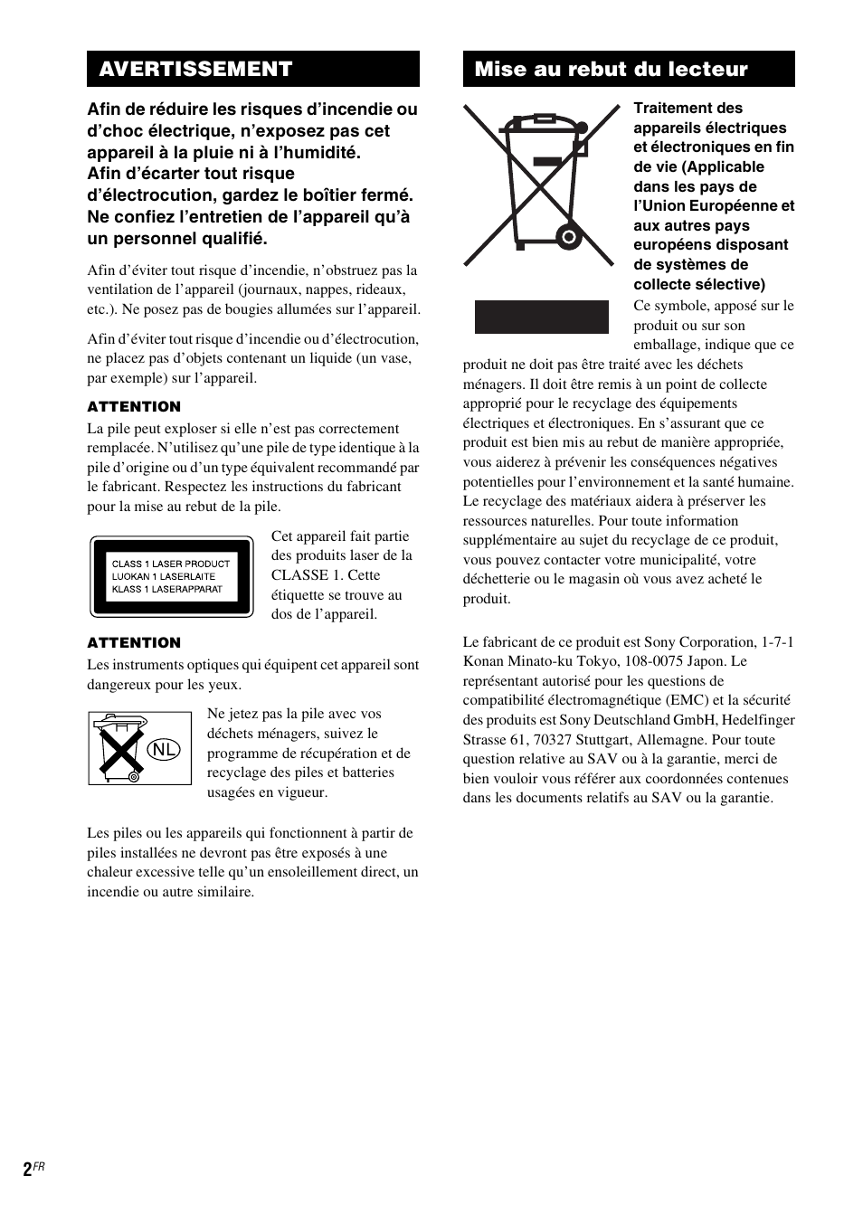 Avertissement mise au rebut du lecteur | Sony SCD-X501ES User Manual | Page 30 / 120