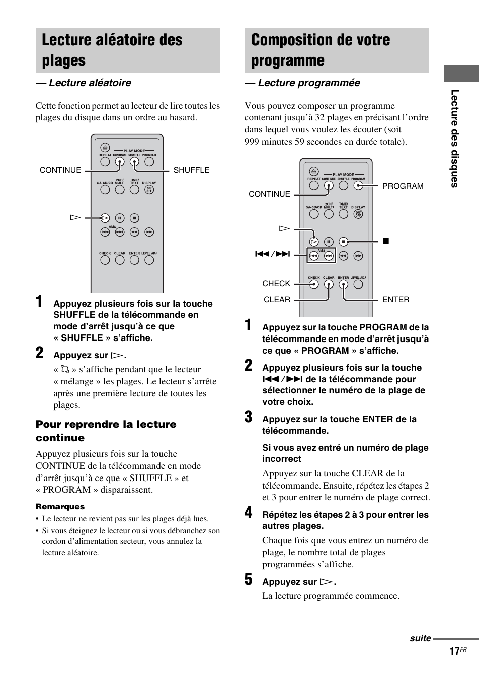 Lecture aléatoire des plages, Lecture aléatoire, Composition de votre programme | Lecture programmée | Sony SCD-X501ES User Manual | Page 45 / 120