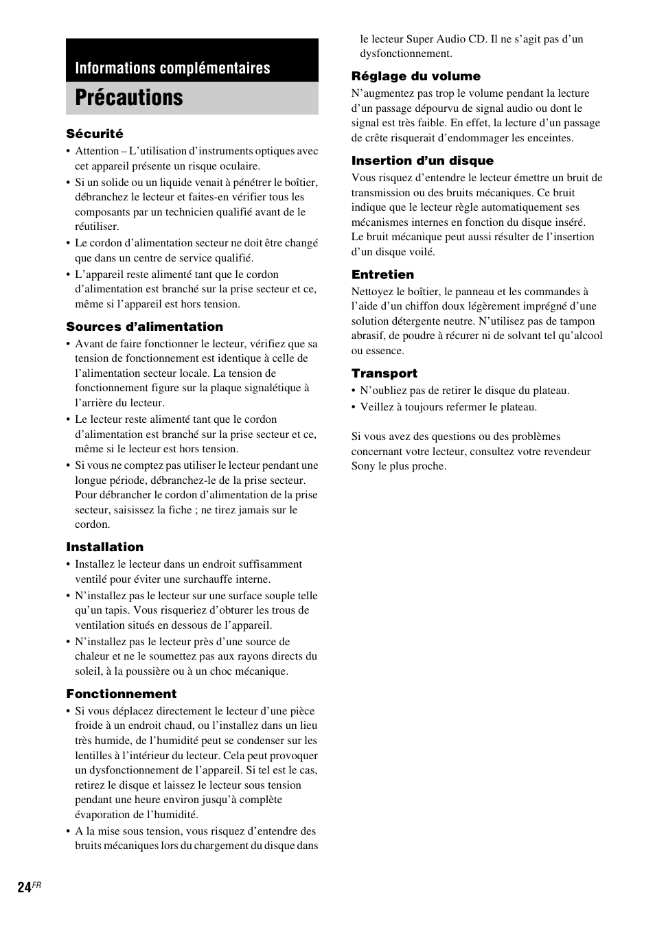 Informations complémentaires, Précautions | Sony SCD-X501ES User Manual | Page 52 / 120