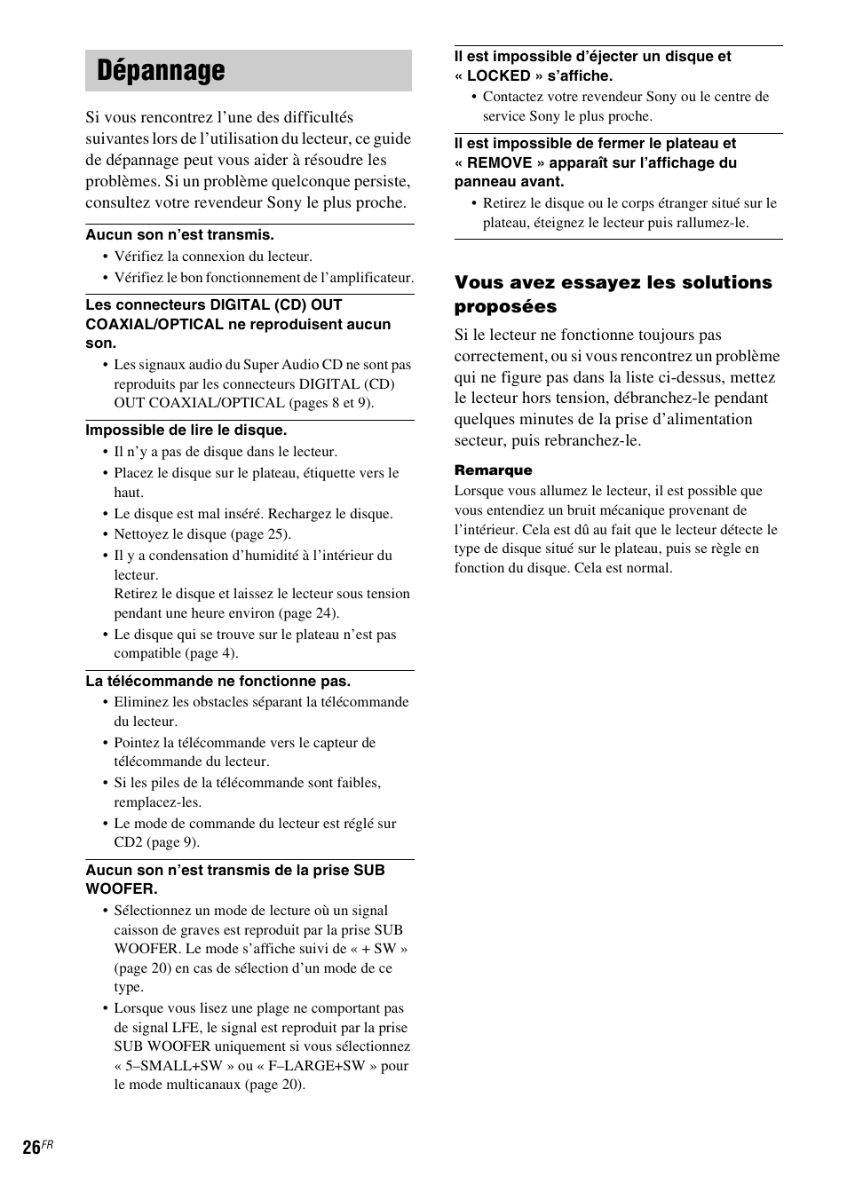 Dépannage, Vous avez essayez les solutions proposées | Sony SCD-X501ES User Manual | Page 54 / 120