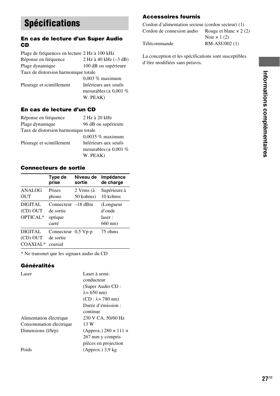 Spécifications | Sony SCD-X501ES User Manual | Page 55 / 120