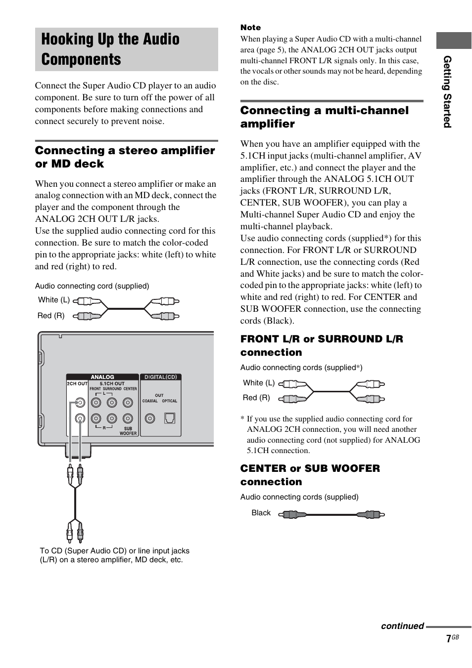 Hooking up the audio components, Connecting a stereo amplifier or md deck, Connecting a multi-channel amplifier | Sony SCD-X501ES User Manual | Page 7 / 120