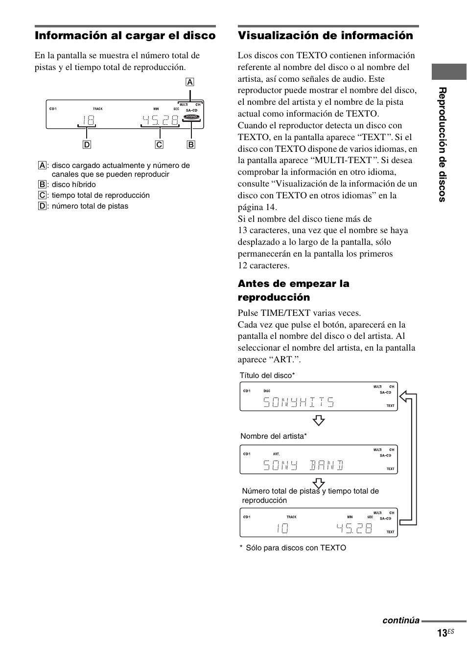 Información al cargar el disco, Visualización de información | Sony SCD-X501ES User Manual | Page 71 / 120