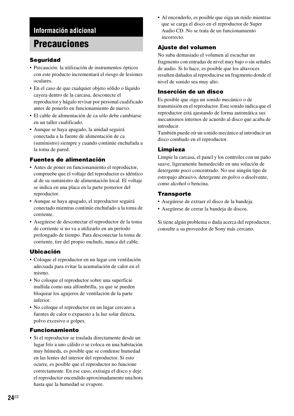 Información adicional, Precauciones | Sony SCD-X501ES User Manual | Page 82 / 120