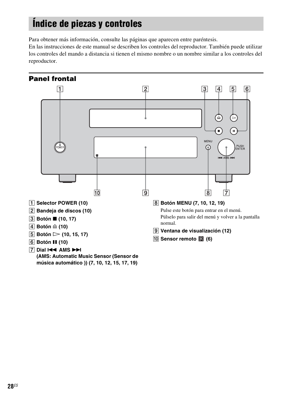 Índice de piezas y controles, Panel frontal | Sony SCD-X501ES User Manual | Page 86 / 120