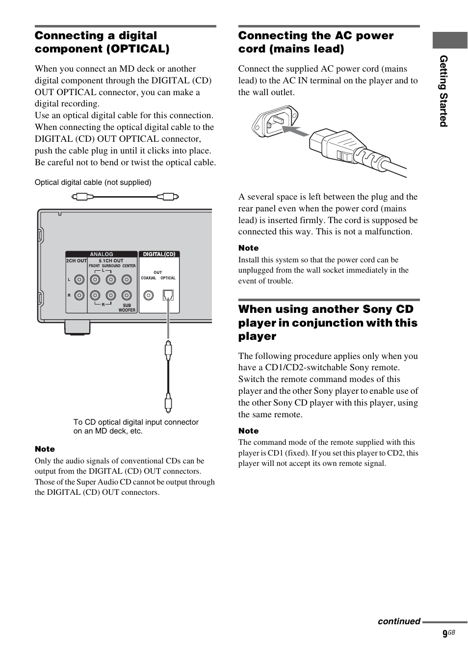 Connecting a digital component (optical), Connecting the ac power cord (mains lead) | Sony SCD-X501ES User Manual | Page 9 / 120