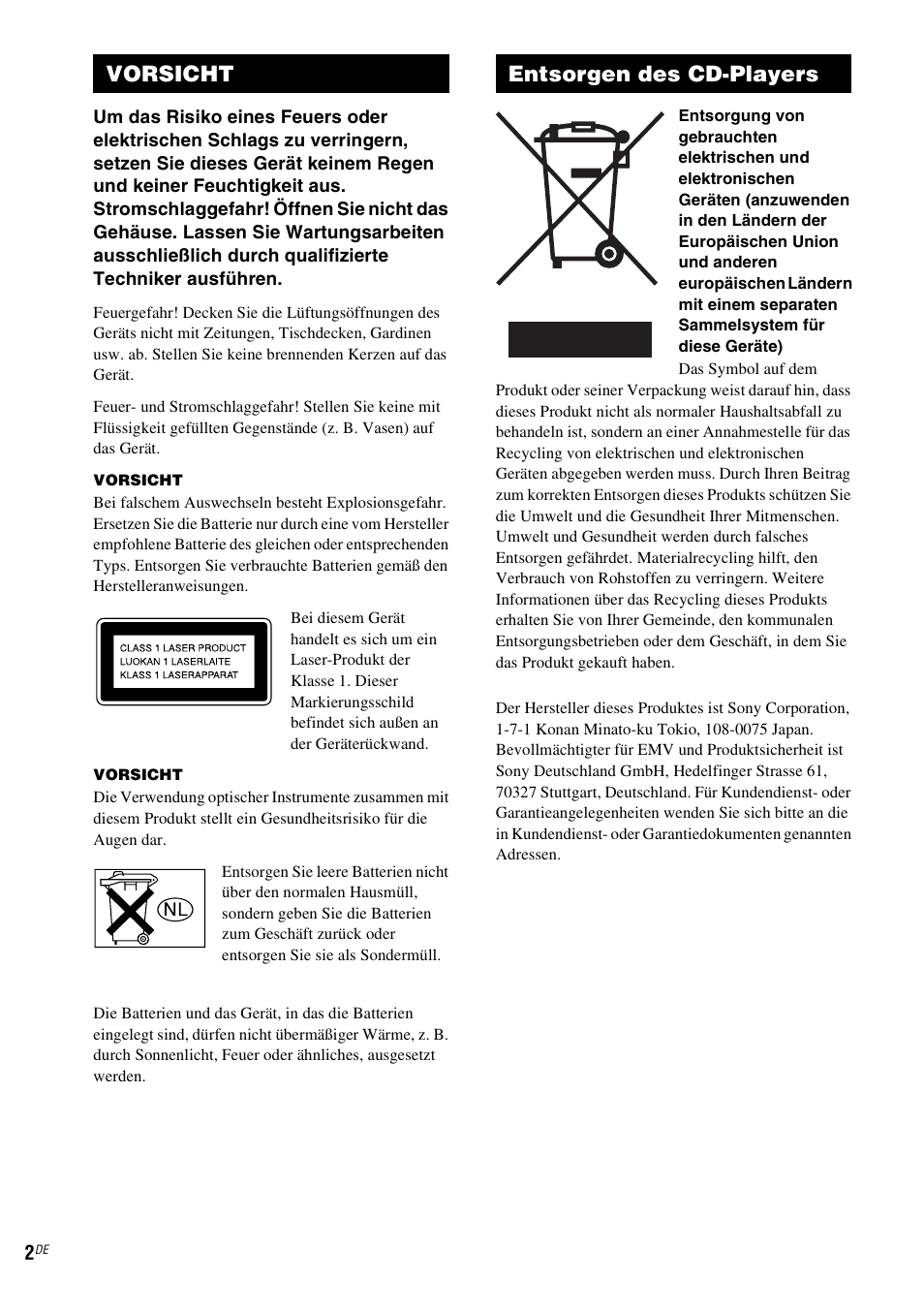 Vorsicht entsorgen des cd-players | Sony SCD-X501ES User Manual | Page 90 / 120