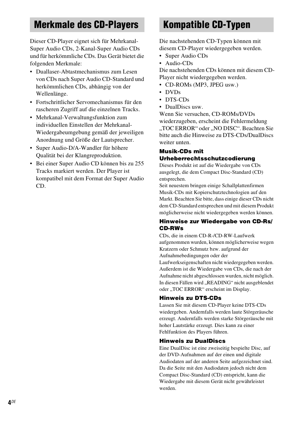 Merkmale des cd-players, Kompatible cd-typen, Merkmale des cd-players kompatible cd-typen | Sony SCD-X501ES User Manual | Page 92 / 120