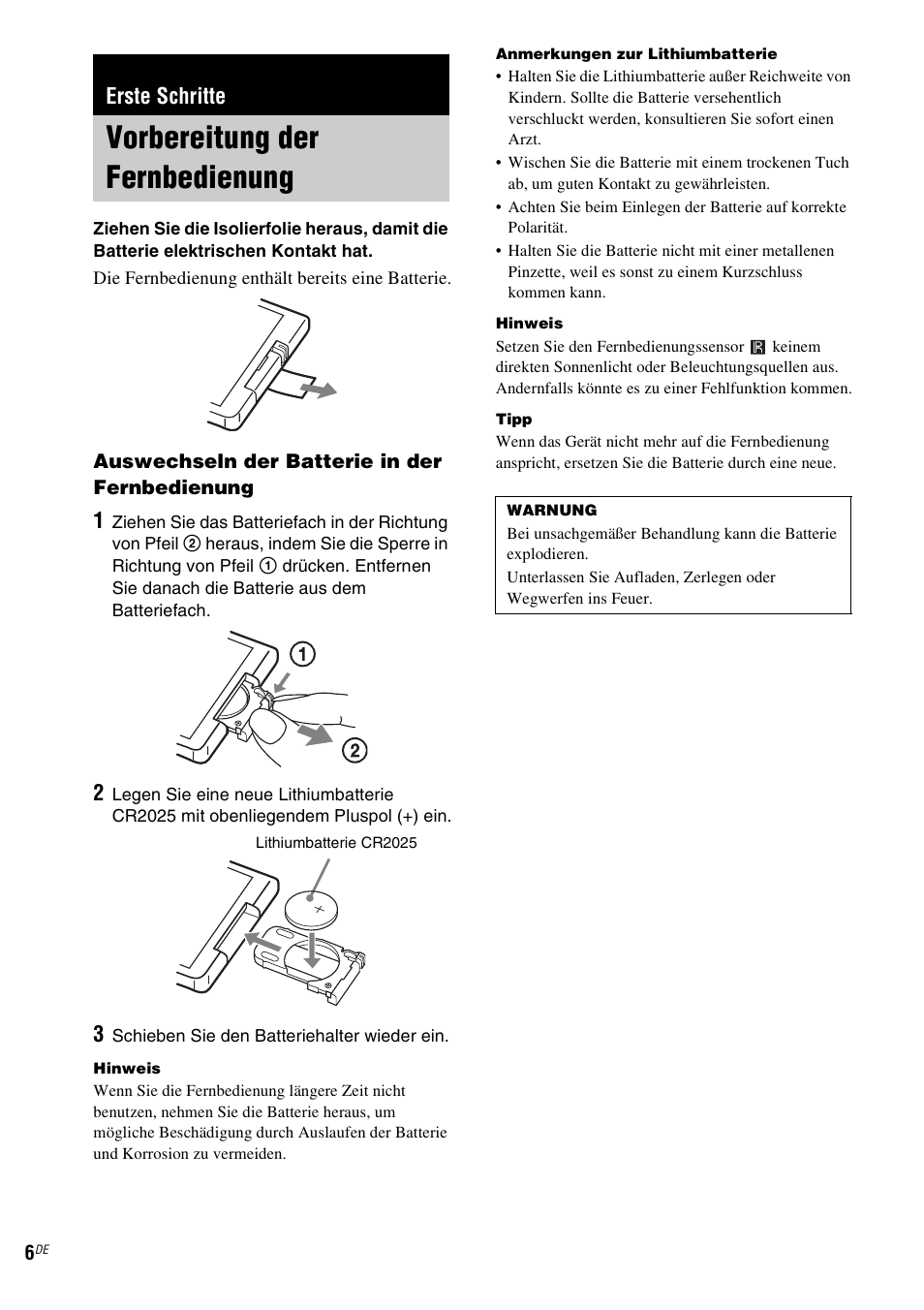 Erste schritte, Vorbereitung der fernbedienung | Sony SCD-X501ES User Manual | Page 94 / 120