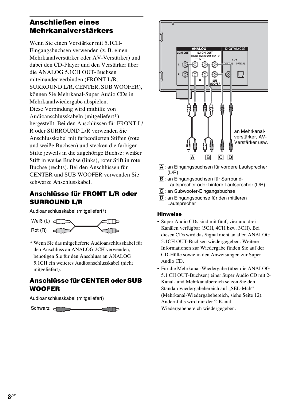 Anschließen eines mehrkanalverstärkers, Anschlüsse für front l/r oder surround l/r, Anschlüsse für center oder sub woofer | Sony SCD-X501ES User Manual | Page 96 / 120