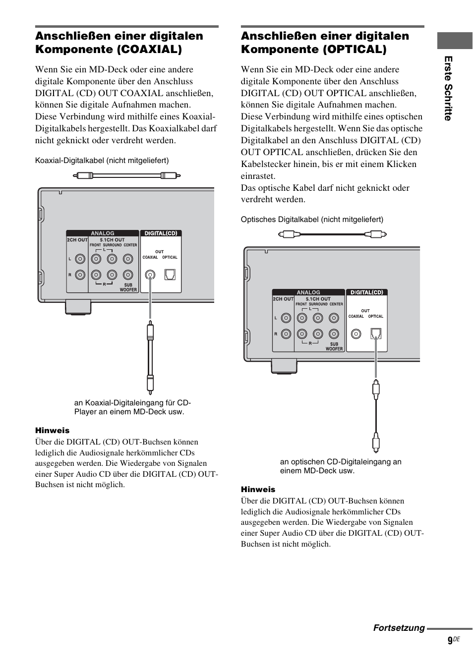 Anschließen einer digitalen komponente (coaxial), Anschließen einer digitalen komponente (optical) | Sony SCD-X501ES User Manual | Page 97 / 120