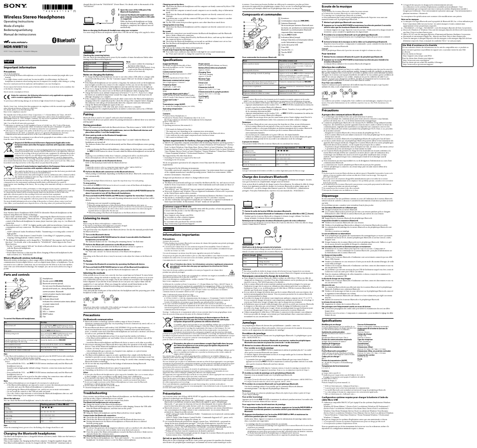 Sony MDR-NWBT10 User Manual | 2 pages