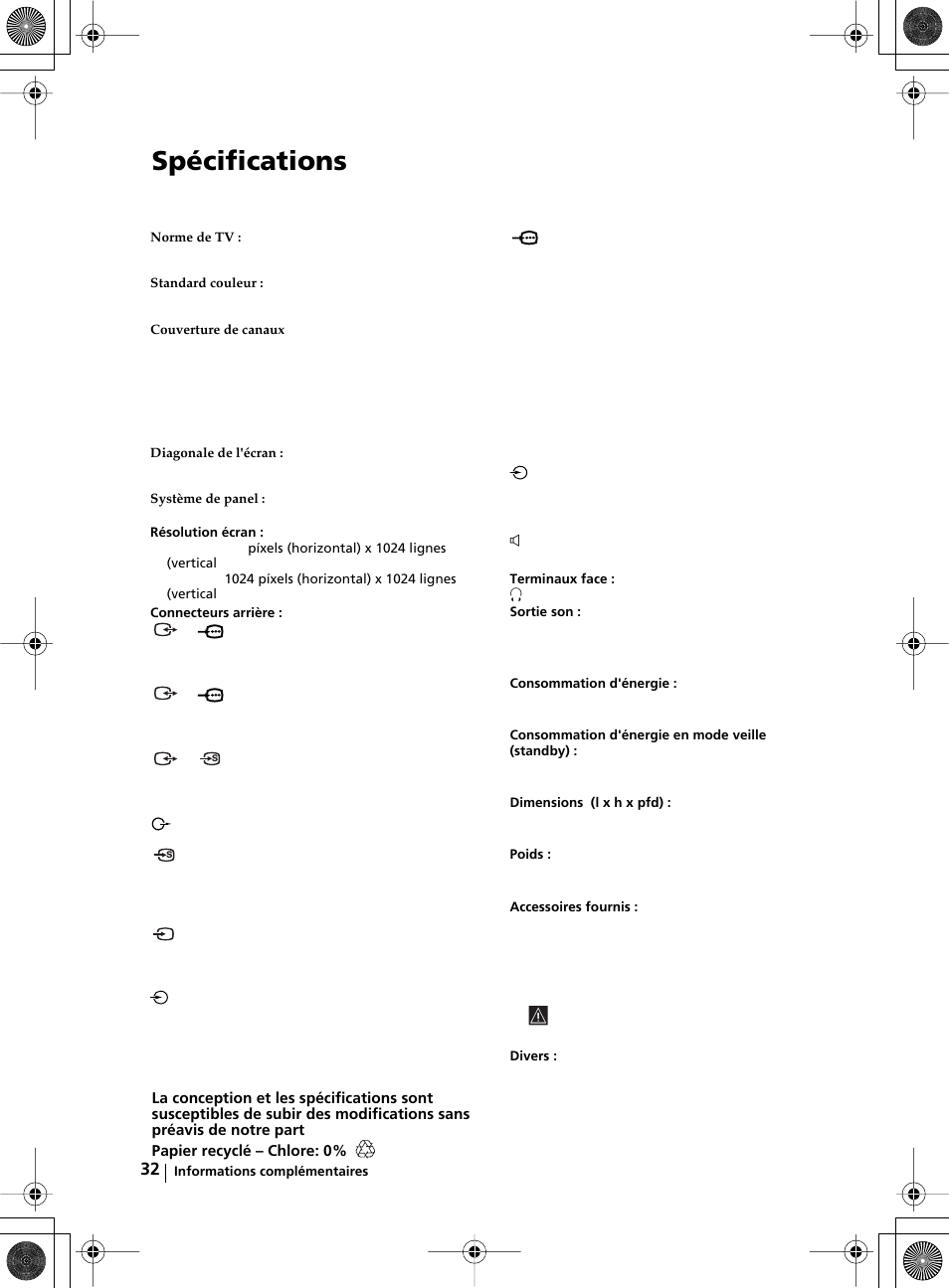 Spécifications | Sony KZ-32TS1E User Manual | Page 129 / 135