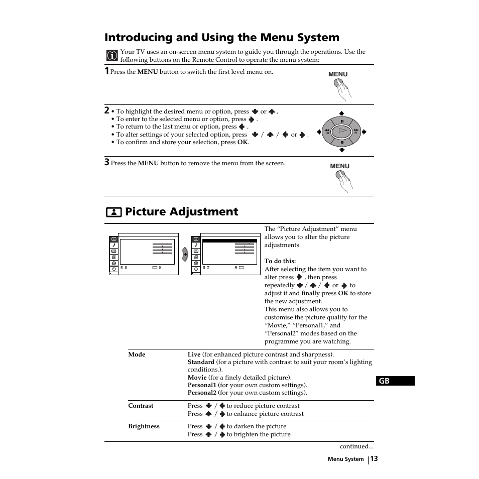 Introducing and using the menu system, Picture adjustment, Bild-einstellungen | Introducción y manejo del sistema de menús, Ajuste de la imagen, Contrôle de l’image | Sony KZ-32TS1E User Manual | Page 13 / 135