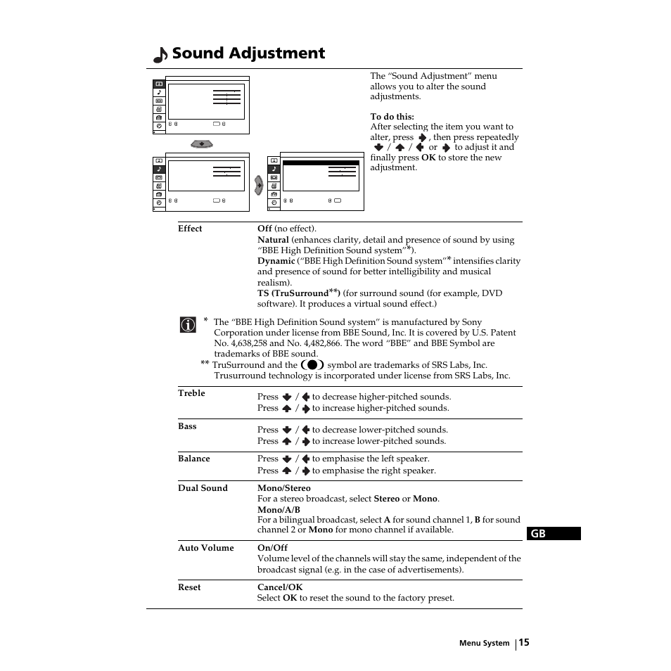 Sound adjustment, Ton-einstellungen, Ajuste del sonido | Contrôle du son | Sony KZ-32TS1E User Manual | Page 15 / 135